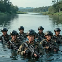 a cinematic headshot portrait, of a squad of special soldiers emerging from the water, in a vast serene landscape, with trees and rivers, detailed, deep focus, movie still, dramatic lighting, by michal karcz and yoshitaka amano