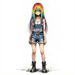 a grungy woman with rainbow hair, soft eyes and narrow chin, dainty figure, long hair straight down, torn overalls, short shorts, combat boots, side boob, wet tshirt, raining, basic white background, symmetrical, watercolor, pen and ink, intricate line drawings, by Yoshitaka Amano, Ruan Jia, Kentaro Miura, Artgerm, detailed, trending on artstation, hd, masterpiece,