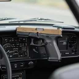 glock 1 7 on the dashboard of a 1 9 7 0 s era large car