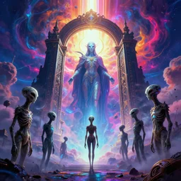 [ palate ] [ vibrant gothic colors ] lost alien souls waiting at the giant gateway to heaven, god figure at the gate, vibrant neon nebulous clouds, radiant light rays, photorealistic illustration, intricate and fine details, volumetric lighting, artstation