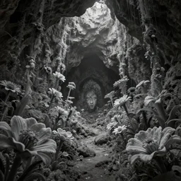 cave full of exotic grey tone flowers in a fantasy world