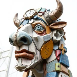 sculpture of 🐄, made of recycled materials, detailed, cubism, full color hd