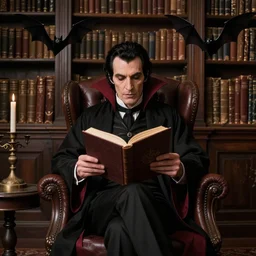 dracula sits reading in his library, bats, donato giancola