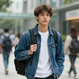 a futuristic photograph of a very handsome young guy going to college in 2 0 8 8