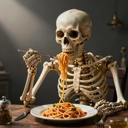 a skeleton eating spaghetti