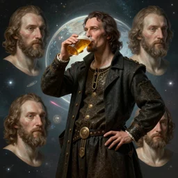 costume design made by idealisic concepts, sophisticated composition, old masters light composition, procedurally generated, beer drinking character posing for concept art, DMT SPACE behind, substance designer, PBR, HD, Ultra detailed, hyperrealistic, megascans, volumetric light, concept by master artist, made in paint tool SAI2, trending pixiv face