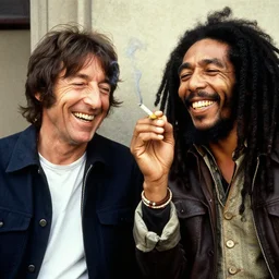 laughing john lennon smoking a joint with bob Marley, photograph by Willy Spiller, 1970s