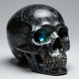 opalescent gemstone skull sculpture in black stone, shiny, photography, photorealism, digital art
