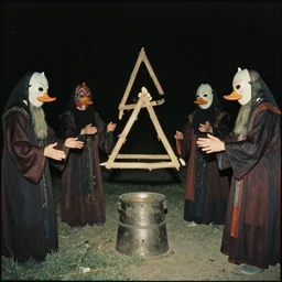 creepy duck mask cultists performing a ritual to levitate triangles, old grainy damaged photo 3 5 mm