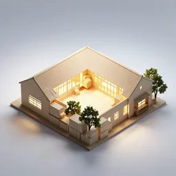 architectural model, isometric view, 3 d render, studio lighting, low contrast, brightly lit studio, highly detailed, stacked boxes, large windows, courtyard, gabled roof, zig zag plan, house, tree