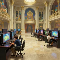 1 9 5 0 s, two boys playing game at a spacious gaming room with their hi - tech gaming setup, intricate, highly detailed, spacious, indoor, architecture, art by hugh ferriss