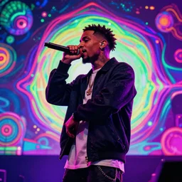 rapper performing on stage, seen from waist up, to the side, digital art, vapor wave, hip hop, psychedelic, trending on Artstation, professional artist, detailed, 4k
