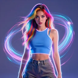 a award winning half body portrait photograph of a beautiful woman with stunning eyes in a croptop and cargo pants with rainbow colored hair, routlined by whirling illuminated neon lines, outrun, vaporware