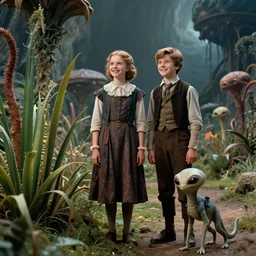 detailed, sharp, a girl and a boy standing next to some strange wild alien plants, looking happy, wearing 1850s era clothes, their small pet alien creature is standing nearby, in a park on a strange alien planet, extremely highly detailed, in focus faces, still from a classic period sci fi color movie, 4k, 35mm macro lens, cinematic lighting