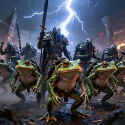 an army of apocalyptic warrior soldiers frogs, marching to war, cinematic and dramatic lightning, artstation trending, 8 k, octane render, matte painting, horror, vivid
