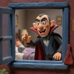 a vampire character made of clay in the style of wallace and grommet peering through a window into the bedroom of his victim, hypereal, cinematic, render