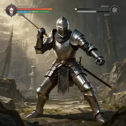 A full armored knight struggling with playing dark souls video game