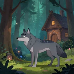 a cartoonish anthropomorphic grey wolf is lurking in a mystical forest full of wonders, side view, pine trees, magical atmosphere, wooden house, trending on artstation, 3 0 mm, by noah bradley trending on artstation, deviantart, high detail, stylized portrait