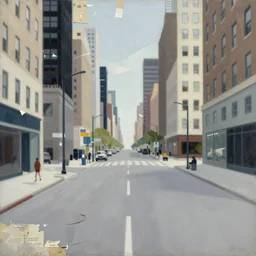 illustration of a 2 0 8 0 desolate new york street scene by shaun tan, clean, emptyness, torn paper decollage, graphic novel, oil on canvas by edward hopper, ( by mattias adolfsson ), by moebius