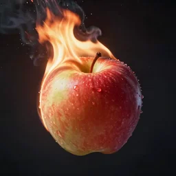 An apple burning in space, photorealistic, desolate, terrifying, weird, strange, odd, uncanny, hyper realism, highly detailed, photorealism, smooth gradients, high contrast