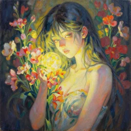 androgynous deity of light and flowers. this oil painting by the award - winning mangaka has interesting color contrasts, plenty of details and impeccable lighting.