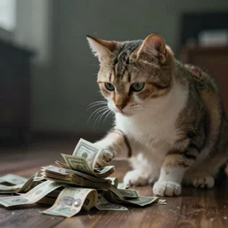 Cat counting its money, 4k, raytracing, moody light