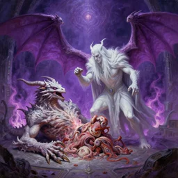dead dragons devour the flesh of the white gandalf,, fight good or evil, details, purple fire around magic arena, arcane style, futurism, painting by greg rutkowski, j. c. leyendecker, artgerm