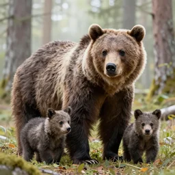 wild bear with cubs in the forest, realistic, tone mapping, akihiko yoshida, james jean, andrei riabovitchev, marc simonetti, digital illustration, greg rutowski, high key lighting, volumetric lighting, digital art, highly detailed, intricate, ornate, complex, octane render