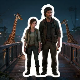 sticker, the last of us, ellie and joel together, at night, on a bridge, giraffes