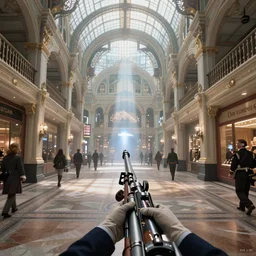 first person point of view of a gunner on a victorian shopping mall, cinematic lightning, ray tracing, unreal engine 5, photorealistic, 8 k, uhd, 4 k, battlefield 6 game concept, extremely detailed, beautiful, elegant, intricate, foggy, in - game footage