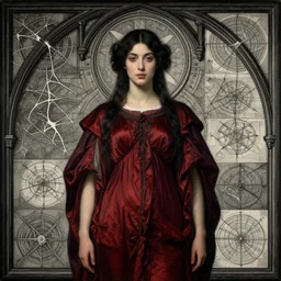 Symmetric Pre-Raphaelite painting of a beautiful mystic woman with dark hair in a very detailed silk dark red dress by John William Waterhouse, zoomed out, surrounded by a dark gothic frame of highly detailed mathematical drawings of neural networks and geometry by Doré ,  highly detailed mathematical drawings of geometry