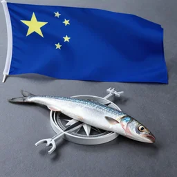 blue flag with white rose compass made out of herrings