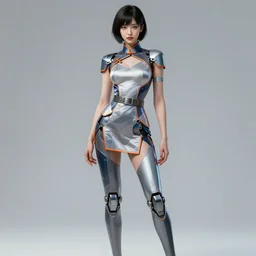 a digital concept art by artgerm, greg rutkowski and alphonse mucha. short hair. clear portrait of an attractive japanese showgirl in hi - tech short cheongsam. a high set geometric tailoring uniform. cyber leg prosthesis!! grey blue and orange laser straps. metal belt. 8 k. hyper detailed, intricate, elegant, smooth, sharp edges