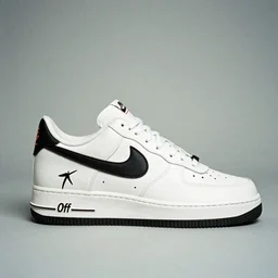 a studio photoshoot of A Nike sneaker designed by Virgil Abloh, Off-White, realistic, color film photography by Tlyer Mitchell, 35 mm, graflex