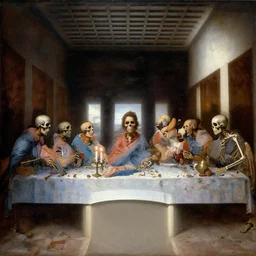 skeletons having dinner, the last supper, by goya, oil painting, dark ambience, candle lightning,