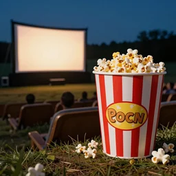 outdoor cinema with giant popcorn kernels at night