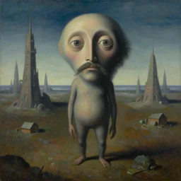a painting of a strange looking creature with a mustache, a surrealist painting by charles e. burchfield, trending on deviantart, pop surrealism, apocalypse landscape, dystopian art, surrealist