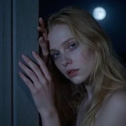 girl under moonlight by auguste toulmouche, dark dreamy lighting, perfectly detailed eyes, beautiful hands, pale skin, blonde hair, leaning on door