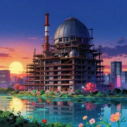 a beautiful photorealistic anime illustration of city unfinished building industrial architecture dome house by neil blevins, at night studio ghibli tokyo at dusk retrowave alien lake thermal imaging morning sun flowers neon signs nightsky sunset, archdaily, wallpaper, highly detailed, trending on artstation.