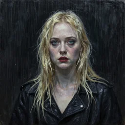 a striking esoteric painting of Elle Fanning in the rain, dark, metal, black background, occult, by Edward Hughes