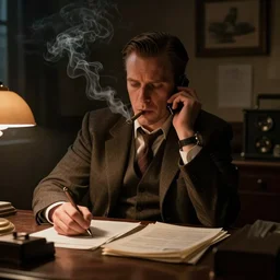private detective in film noir movie scene, office, smoking tobacco, dark, greg rutkowski, 8 k, shallow depth of field, intricate detail, concept art,