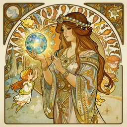 a mystical digital illustration of a fortune telling gypsy, a magic ball in her hand, a small elf flying beside her by rossdraws, moebius, frank franzzeta, alphonse mucha, mcbess, sakimichan