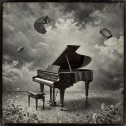 a grand piano falling from a dark rainy sky and clouds. daguerreotype photograph. inspired by gerard grom and ansel adams and zdzislaw beksinski. highly detailed. old timey.