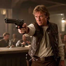 film still of clint eastwood man with no name as han solo aiming a gun in new star wars, inside a tavern, 4 k