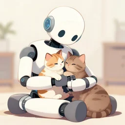 a robot cuddling kittens, anime, concept art