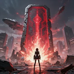 a girl wearing tights standing front of a huge towering and broken stone tablet with red light + alien pattern + an abandoned spaceship, stands in the center of a prosperous city at the end of the world, and the power and energy is explode, secret, mysterious, doomsday, landscape, 2 4 mm lens, wide shot, video game control, quantum break, arknights,