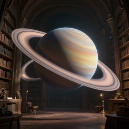 professional digital art of ringed planets floating in an ancient library, fantasy, high quality, hd, 4 k, 8 k
