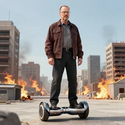 Photo of Walter White standing on a hoverboard with several burning buildings behind him, centered, cinematic lighting, highly detailed, 8k