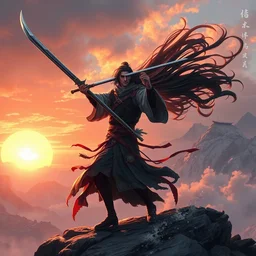 male warrior with greatsword dancing in the wind, majestic attire, long black hair, art by artgerm, greg rutkowski, blizzard entertainment, ichigo kurosaki, fromsoftware concept art, dark souls cover art, oriental aesthetic, chinese warrior from warring states period, mountain environment on sunset art