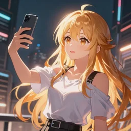 anime girl taking a selfie in a futuristic city, extremely detailed, anime,
